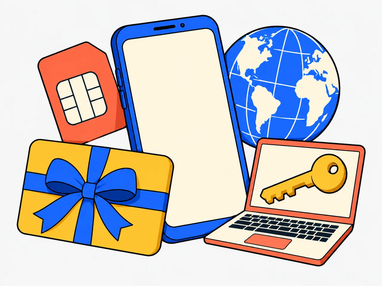 Autour d’un téléphone, une carte cadeau, une SIM, un globe et un ordinateur avec une clé illustrent les quatre services.