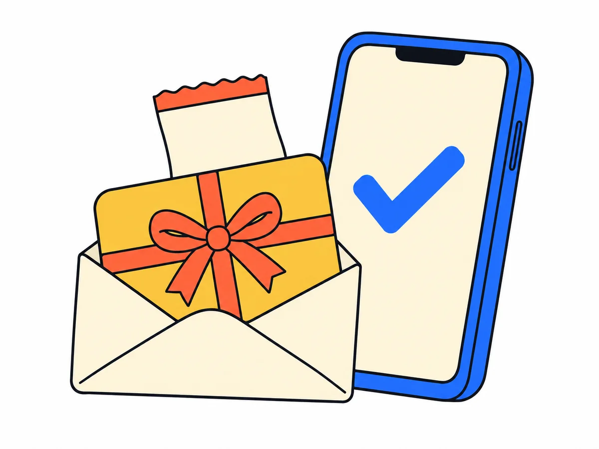 Un téléphone avec une coche de confirmation accompagne une carte cadeau et un reçu illustrés.