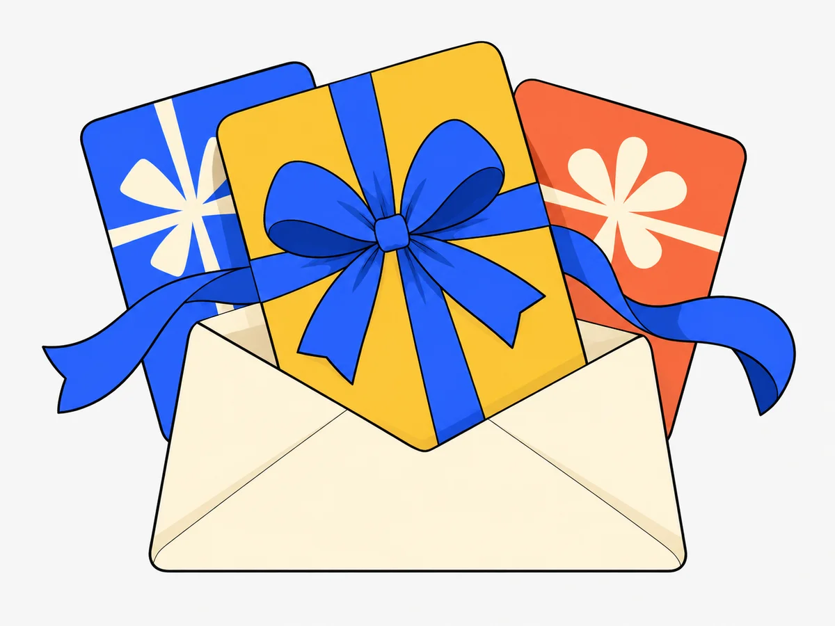 Composition illustrée de trois cartes cadeaux colorées dans une enveloppe, nouées d’un ruban bleu.